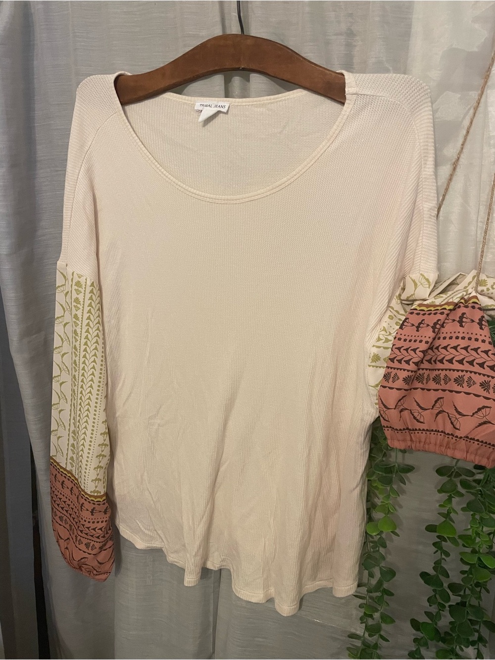 Long Sleeve Cream Top with Pink and Olive Tribal patterned  Sleeves